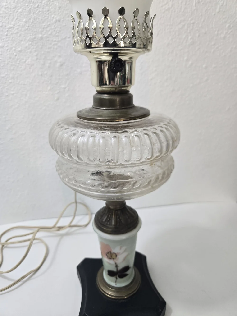 Vintage Glass Hurricane Table Lamp - White Frosted Shade